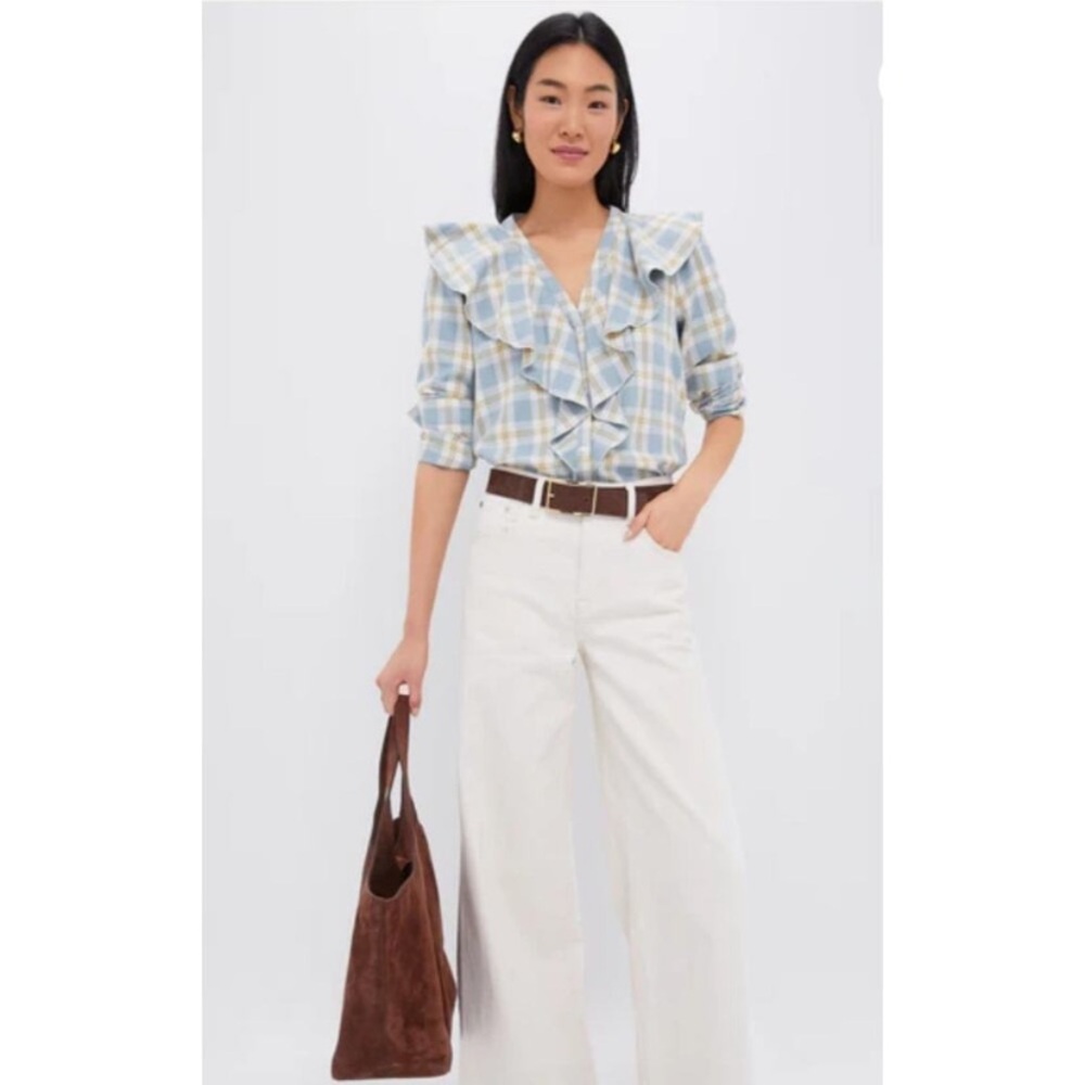 Tuckernuck Ruffle Eileen Button Down Shirt Plaid Blue Feminine Preppy Top Size L